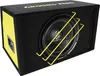 A subwoofer in a black and yellow enclosure. Produktbild-Vorschau