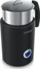 A black electric milk frother with a silver interior and a glass lid, on a white background. Produktbild-Vorschau