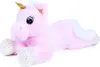 A pink plush unicorn toy lying down on a white background. Produktbild-Vorschau