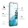 A screen protector for a Samsung Galaxy S22 Plus is shown with feature callouts. Produktbild-Vorschau