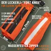 Marketing image showing two views of an orange dog treat pouch with text overlays highlighting features. Produktbild-Vorschau