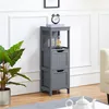 A dark gray bathroom cabinet with two drawers and an open shelf, placed in a room with a plant and a sofa. Produktbild-Vorschau