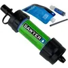 A Sawyer water filter kit is laid out on a white background, showing the main filter, a squeeze bag, a cleaning syringe, and a cleaning rod. Anteprima dell’immagine prodotto