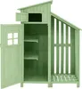 An open green wooden garden shed with shelves inside and an open storage area on the right. Náhled obrázku produktu