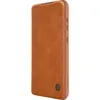 A side view of a brown leather phone case with an orange trim. Produktbild-Vorschau