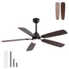 A black ceiling fan with five wooden blades is displayed against a white background. It includes a remote control and options for different blade finishes. Produktbild-Vorschau