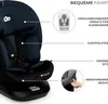 A close-up view of a dark blue child car seat with various features highlighted by callouts and text. Produktbild-Vorschau