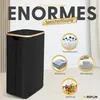 A black laundry basket with a gold rim is shown, with circular graphics illustrating its storage capacity for plastic bottles, laundry, bedding, and toys. The text 'ENORMES Speicherlösung' (Enormous Storage Solution) is prominently displayed. Produktbild-Vorschau