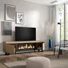 A modern living room with a TV stand featuring an electric fireplace, a large TV, and decorative items. Produktbild-Vorschau