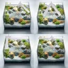 A collage of four images showing a small aquarium with plants and rocks, each with a different LED light fixture configuration. Náhled obrázku produktu