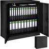 A black metal filing cabinet filled with binders is shown with one door open. A smaller inset image shows the cabinet closed. Produktbild-Vorschau