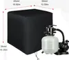A black protective cover for a pool pump is shown next to the pool pump itself. Dimensions are indicated with arrows and text. Náhled obrázku produktu