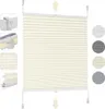 A beige pleated blind shown from the front, with close-up details of the mounting hardware and fabric texture on the left side, and color swatches on the right. Produktbild-Vorschau