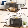 A collage showing a dog kennel furniture piece in two configurations: one as a dog house with a dog and bed, and another as a side table. Podgląd zdjęcia produktu