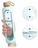 A hand holding a light blue water bottle with time markings on the side. Two circular insets show close-ups of the water level and markings. Náhľad obrázku produktu