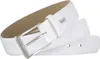 A white leather belt with a silver buckle is shown against a white background. Produktbild-Vorschau