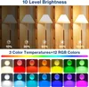 A collage of images showcasing different brightness levels and color options of LED light bulbs. Produktbild-Vorschau