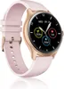 A rose gold smartwatch with a pink band is shown against a white background. Podgląd zdjęcia produktu