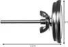 A side view of a stainless steel thermometer with a probe and wingnut attached. Dimensions are indicated with arrows and numbers. Produktbild-Vorschau
