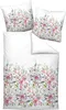 A white duvet cover and two pillowcases with a floral pattern along the bottom edge. Produktbild-Vorschau