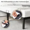 Close-up of a metal bed frame with details highlighted by circular insets showing how parts connect. Voir les images du produit