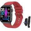 A smartwatch with a red strap is displayed on a white background, with a smaller accessory shown to the right. Náhled obrázku produktu