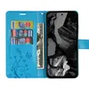 A blue flip case for a Google Pixel 8A phone, showing credit cards and cash inside. Produktbild-Vorschau