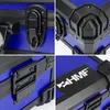 Collage of close-up shots of a blue transport case, highlighting its hardware and branding. Produktbild-Vorschau