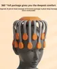 A close-up product shot of an orange and gray head massager on a mannequin head, with marketing text above. Produktbild-Vorschau