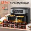 A dual-basket air fryer is shown with various food items and icons representing its cooking functions. Produktbild-Vorschau