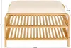 A bamboo shoe rack with a beige seat cushion, shown with dimensions indicated. Produktbild-Vorschau