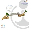 A product image showing two brass water valves mounted on a stainless steel bracket, with included mounting hardware shown in a circle. Náhľad obrázku produktu