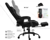 A black gaming chair with its backrest reclined and a footrest extended, shown with diagrams and text highlighting its features. Podgląd zdjęcia produktu