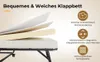 Collage of a folding bed with details about its features. Voir les images du produit