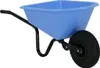 A blue wheelbarrow with a black frame and wheel, isolated on a white background. Produktbild-Vorschau
