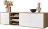 A modern TV cabinet with white doors and wooden accents, displayed against a white background. Produktbild-Vorschau