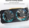 A close-up of a dual-fan graphics card with blue light effects around the fans. Produktbild-Vorschau