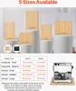 A collage showing different sizes of wooden sliders for appliances, along with a size chart and an espresso machine on one of the sliders. Náhľad obrázku produktu