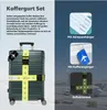 A suitcase with luggage straps and tags, with inset images showing details of the accessories. Podgląd zdjęcia produktu
