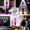 Collage of images showing a pink and purple lava lamp in different settings, including a bedroom, a party scene, and a design sketch. Produktbild-Vorschau