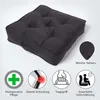 A dark gray seat cushion is shown with icons and text describing its features. Náhled obrázku produktu