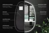 A product image showcasing a frameless LED mirror with various features highlighted by text overlays and lines pointing to different parts of the mirror and its reflection. Produktbild-Vorschau