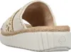 Auf dem Bild ist eine beige Sandale abgebildet die von der Seite betrachtet wird. Die Form der Sandale ist schlicht und zeigt ein leicht gewelltes Design sowie einen verstellbaren Riemen. Produktbild-Vorschau
