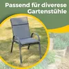 A gray garden chair with cushions is shown outdoors on grass, with a blurred background of plants and stones. Overlay text in German describes the product. Produktbild-Vorschau