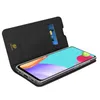 A black flip-style phone case with a credit card slot is shown open, revealing a smartphone screen. Produktbild-Vorschau