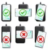 A collage of images showing a smartphone being placed on a wireless charger in various orientations, with checkmarks and crosses indicating successful or unsuccessful charging. Produktbild-Vorschau