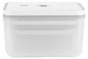 A white plastic food storage container with a gray lid. Produktbild-Vorschau