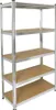 A metal shelving unit with five wooden shelves against a white background. Náhled obrázku produktu