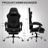 A diagram showing the dimensions of a black gaming chair, with front and side views. Anteprima dell’immagine prodotto