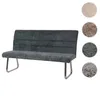 A dark blue-green upholstered bench with brushed stainless steel legs, presented on a white background with swatches of different fabric colors to the right. Produktbild-Vorschau